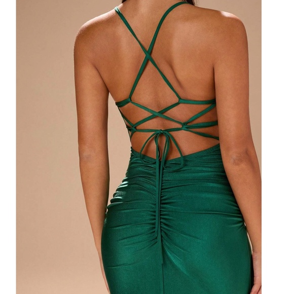 Luxe Sequin Satin Criss Cross Lace up Prom Formal Party Dress - Picture 4 of 9